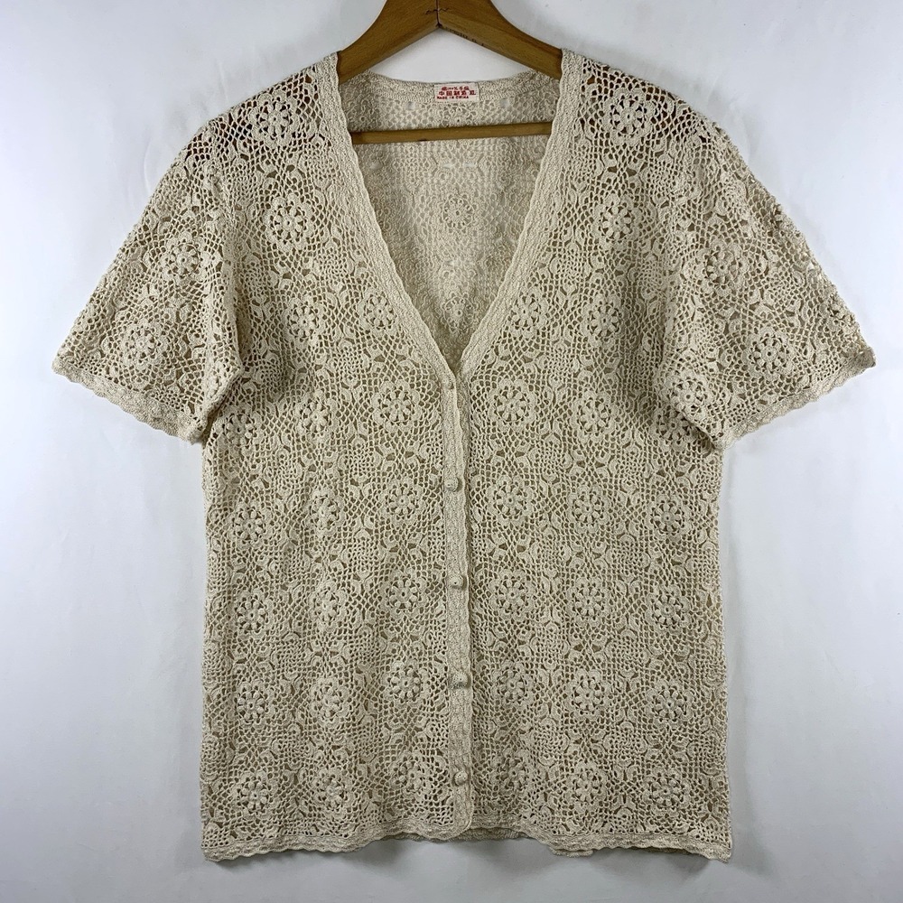 VTG Womens Open Crochet Button Top S/M Beige Cottage Feminine Boho Romantic